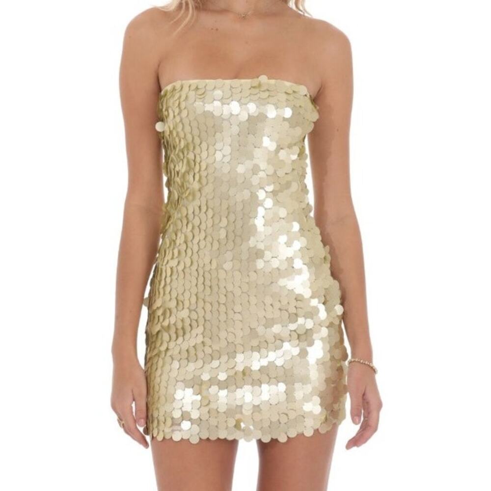 NEW Lucy in the Sky Strapless Circle Sequin Dress in Gold Medium